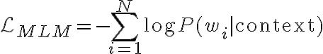 \mathcal{L}_{MLM} = - \sum_{i=1}^{N} \log P(w_i |
\text{context})